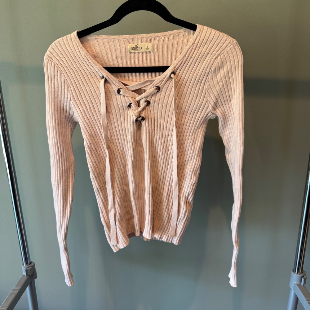Hollister Ribbed Knit Lace-Up Long Sleeve Top Blouse Shirt‎ Small